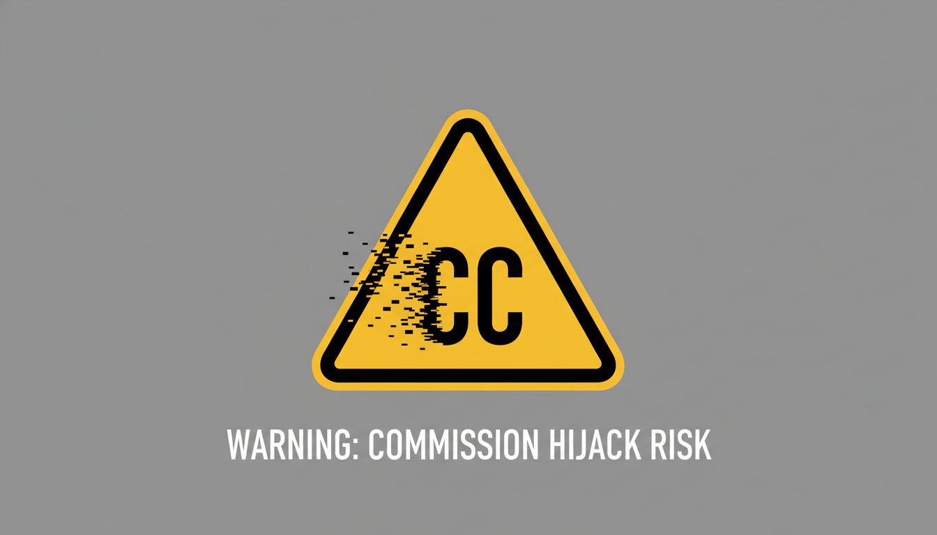 My Personal Warning About Covert Commissions - Read This Before You Join Warning sign for Covert Commissions review highlighting the risk of commission hijacking.