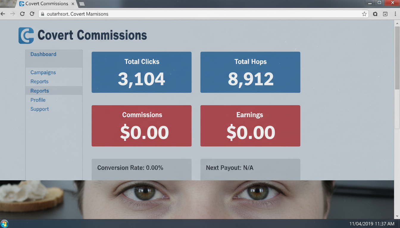 Proof of My Failed Covert Commissions Campaign - The Data Behind My Review Screenshot of my Covert Commissions dashboard showing over 3000 clicks but $0.00 in earnings.