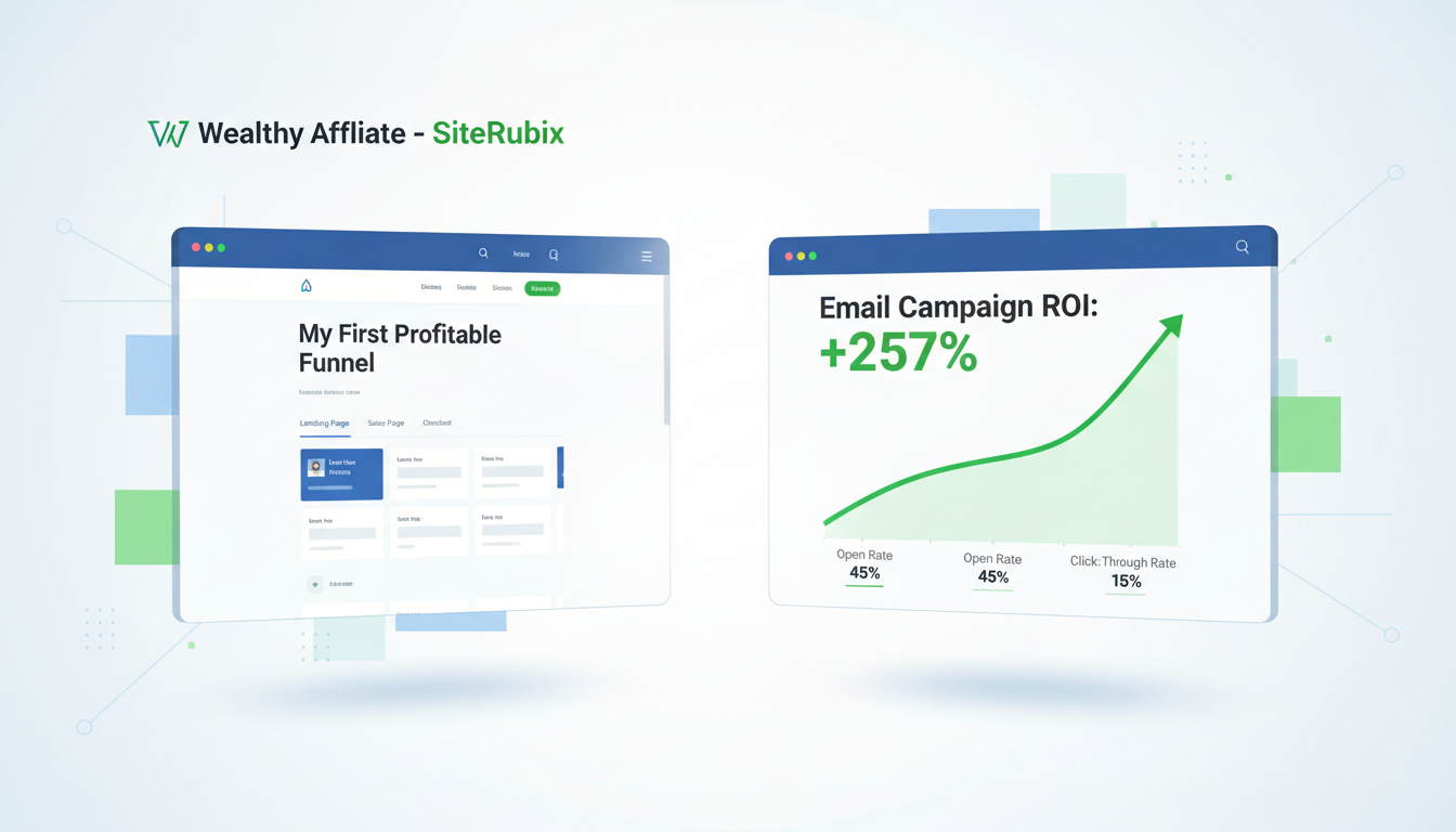 The System That Works: Building a Real Affiliate Business with Wealthy Affiliate and Mailchimp Graphic showing a successful affiliate funnel built with Wealthy Affiliate and a positive Mailchimp campaign ROI.