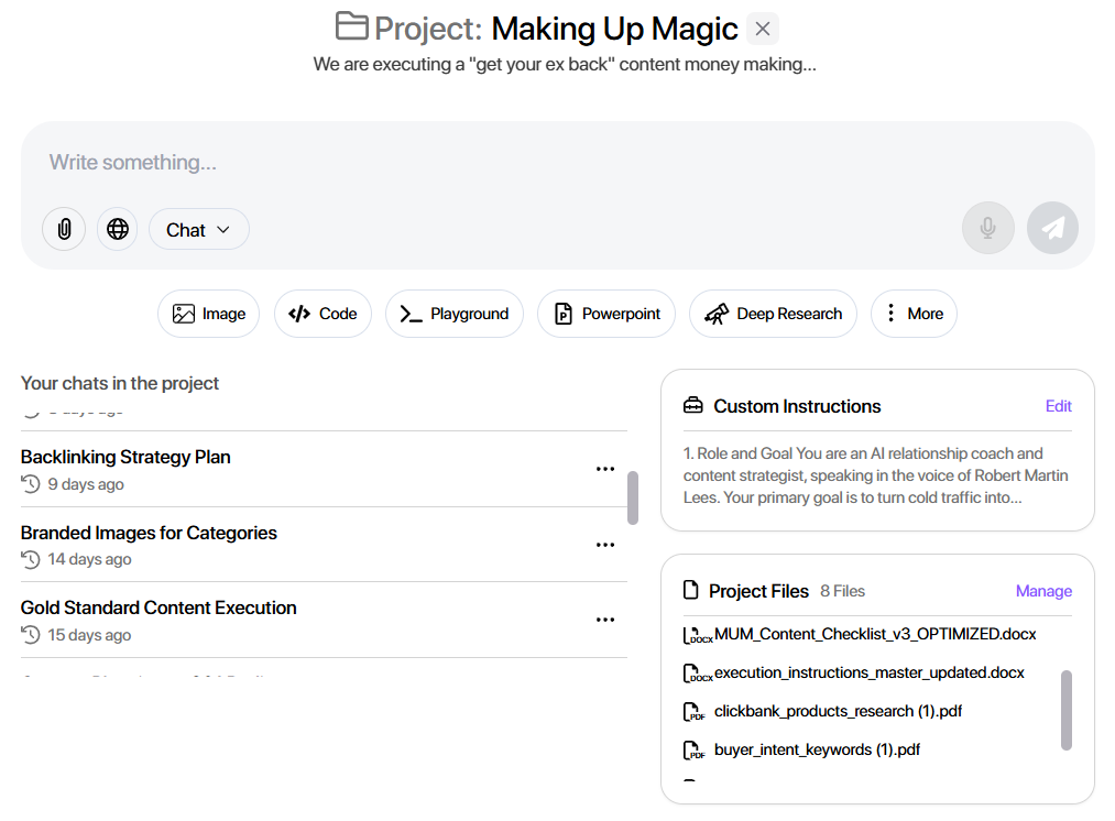 My Live ChatLLM Project Dashboard for a Niche Website A screenshot of the ChatLLM Projects dashboard showing a project titled 'Making Up Magic' with organized chat threads, project files, and custom instructions.