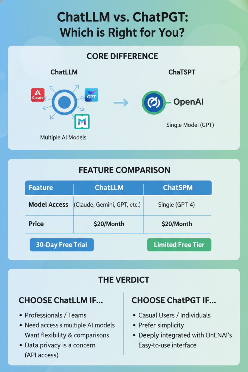 Infographic: ChatLLM vs. ChatGPT for Professional Use An infographic comparing ChatLLM and ChatGPT on features like core concept, model access, free trial, and ideal user.