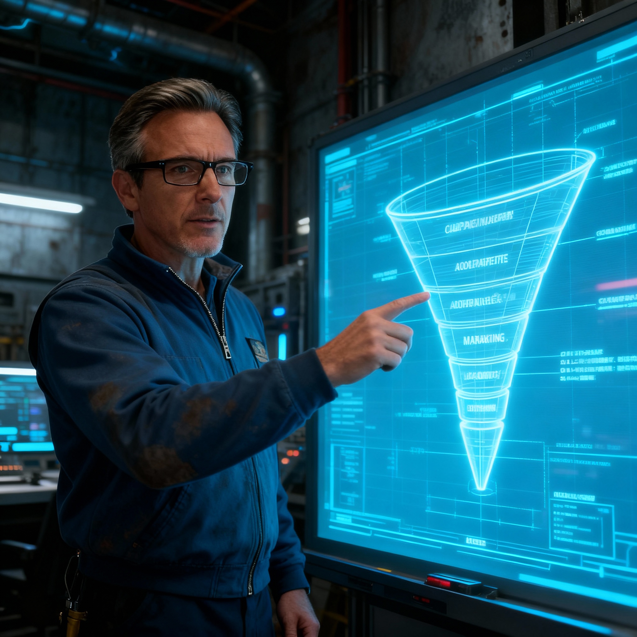 Robert Lees, an AI affiliate marketing mentor, analyzing a marketing blueprint in a high-tech war room.