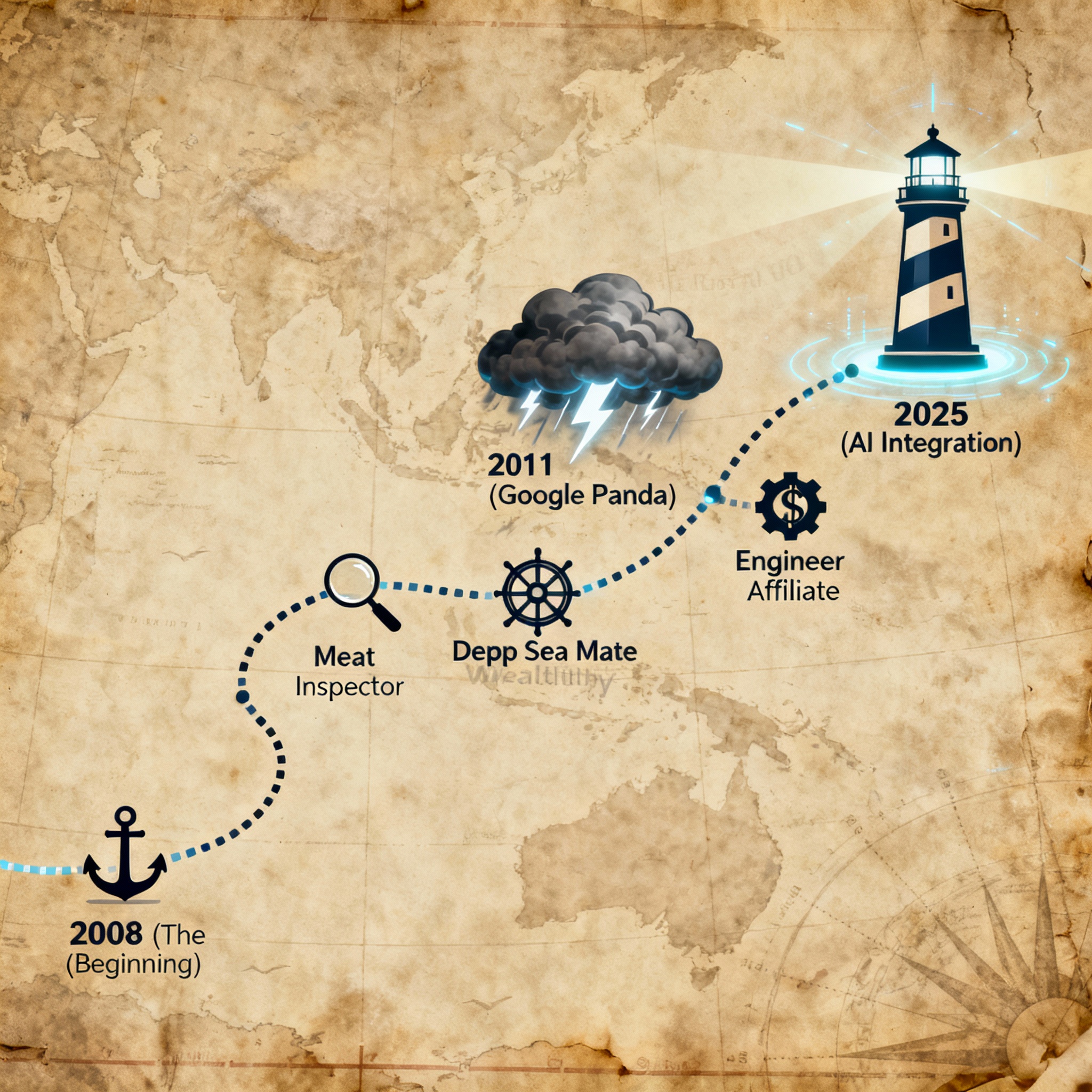 Timeline of Robert Lees' affiliate marketing career from 2008 to 2025, showing the transition from manual SEO to AI integration.