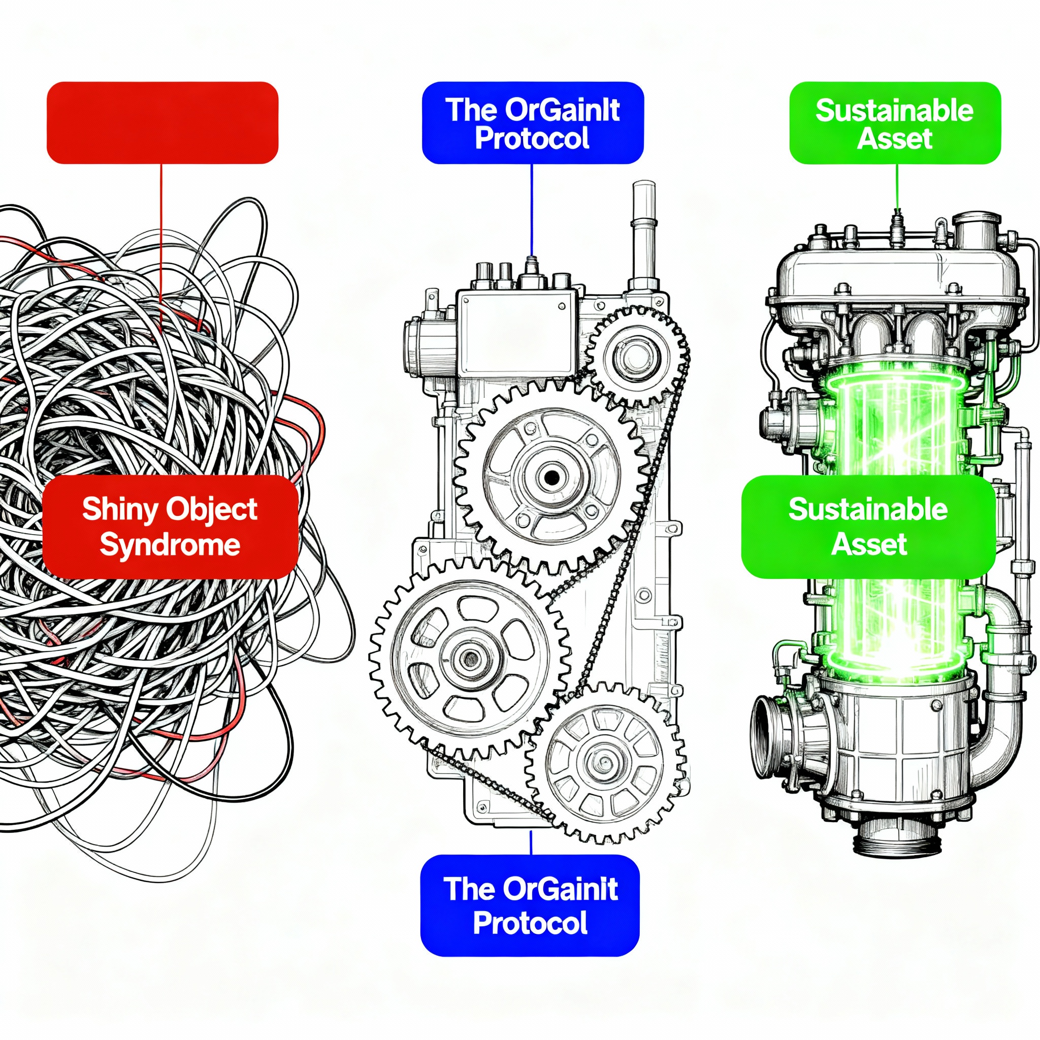 Diagram showing the transformation from Shiny Object Syndrome to a sustainable affiliate income engine using the OrGainIt protocol.