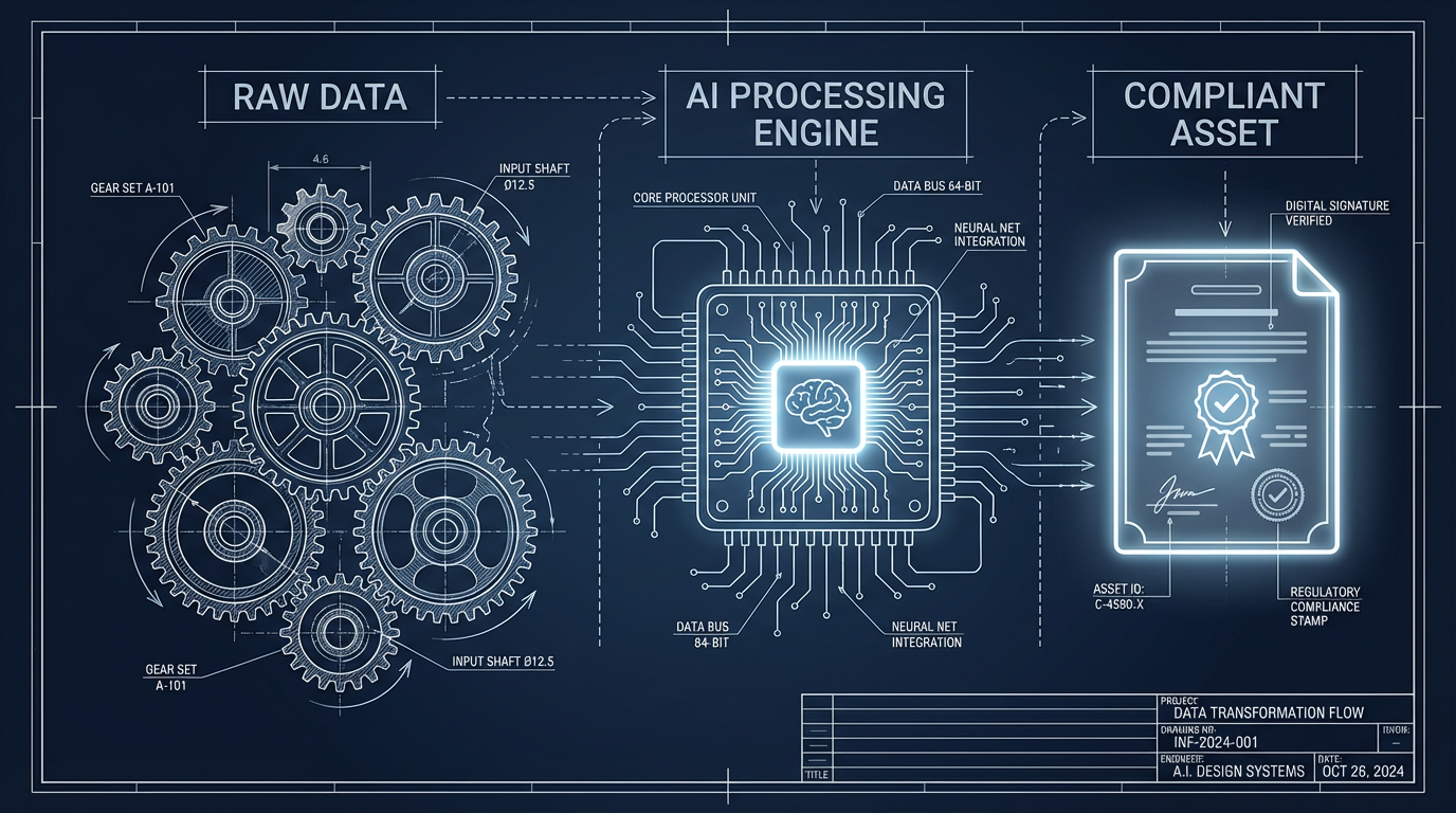 Blueprint infographic showing the AI affiliate marketing workflow: Raw Data, AI Processing Engine, and Compliant Asset.