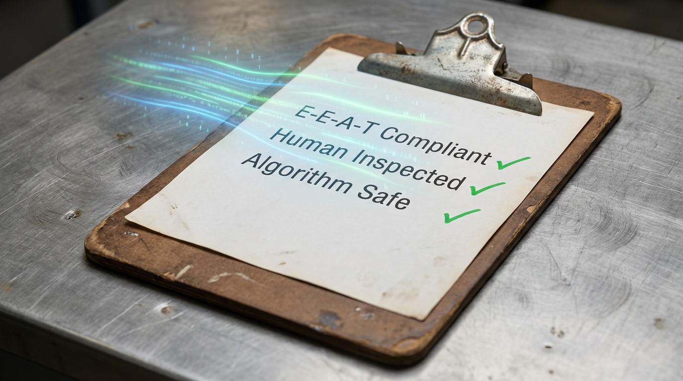 Inspector clipboard checklist showing E-E-A-T compliant, human inspected, and algorithm safe for AI affiliate marketing content.