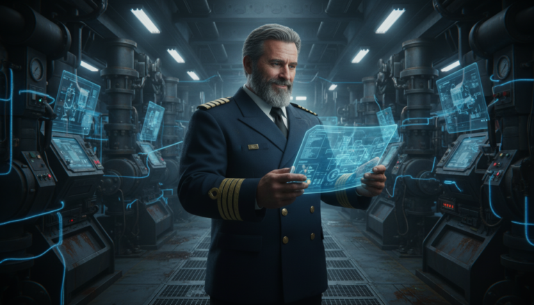 Robert Lees standing in a high-tech ship engine room holding a holographic AI blueprint, symbolizing the blend of human experience and AI technology in affiliate marketing.
