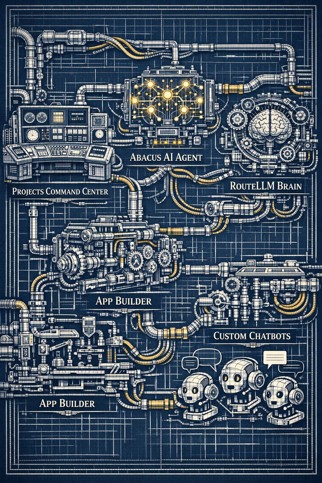 ChatLLM Abacus AI ecosystem blueprint showing the 5 pillars: LLMs, Image Gen, Video Gen, Abacus AI Agent, and Abacus Desktop — the complete AI command center for affiliate marketers in 2026