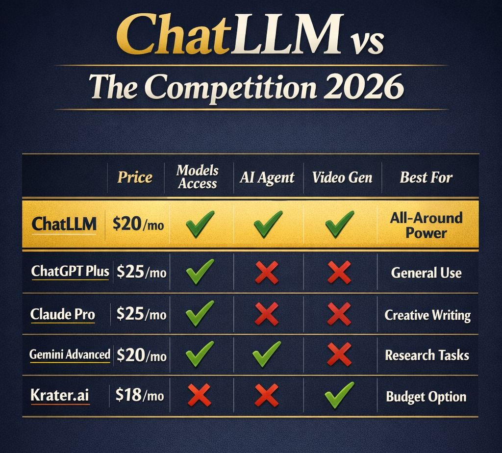 ChatLLM vs ChatGPT Plus vs Claude Pro vs Gemini Advanced — 2026 feature and pricing comparison table for affiliate marketers. ChatLLM wins on value, model access, and autonomous AI agent capability.